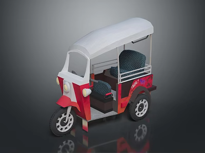 Vibrant Red White Three Wheeled Tuk Tuk With Canopy Roof Blue Seats And Decorative Panels 3d model