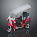 Vibrant Red White Three Wheeled Tuk Tuk With Canopy Roof Blue Seats And Decorative Panels