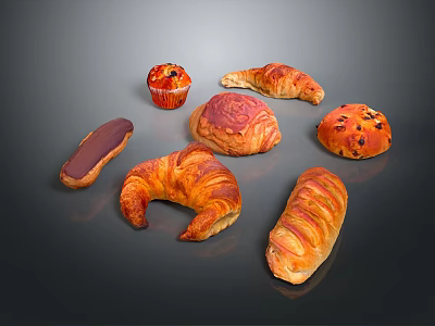 Assorted Fresh Baked Goods Including Croissant Muffin Danish Pastry And Raisin Bread 3d model