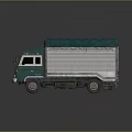 Green Cab Commercial Truck Featuring Roll Up Door And Tarpaulin Covered Cargo Bed