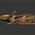 Golden Pink And Black Axolotl With Metallic Sheen And Blue Eyes On Dark Background