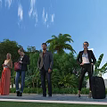 Group of People Standing Outdoors with Luggage Under Blue Sky and Greenery