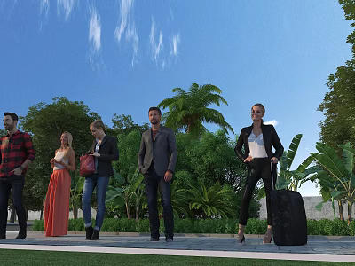 Group of People Standing Outdoors with Luggage Under Blue Sky and Greenery 3d model