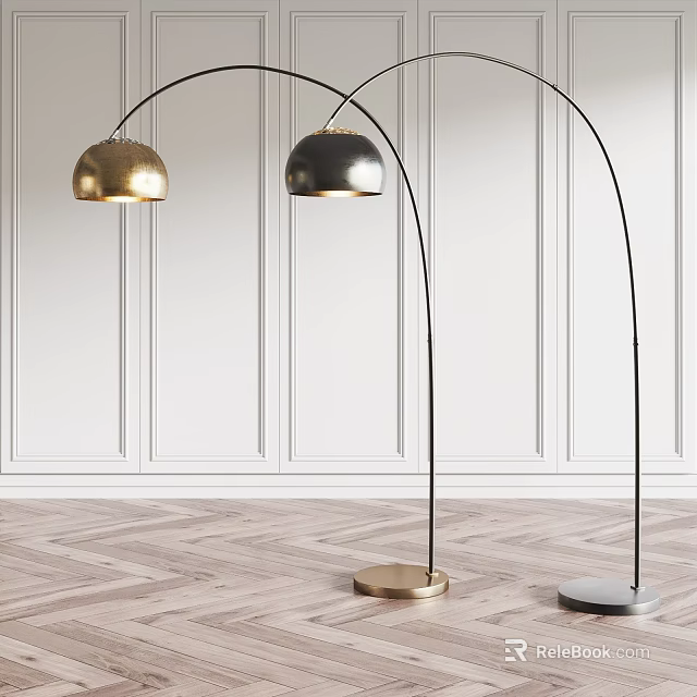 Modern Arched Floor Lamps With Gold Black Shades Gold Gray Bases And Paneled Walls 3d model 