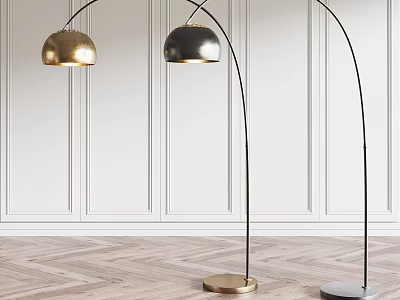 Modern Arched Floor Lamps With Gold Black Shades Gold Gray Bases And Paneled Walls 3d model