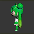 Cute Green Haired Game Character With Double Bun Ponytails And White Green Outfit