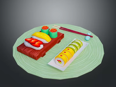 Fresh Sushi Rolls on Green Mat with Wooden Tray White Plate and Red Chopsticks 3d model