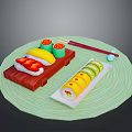Fresh Sushi Rolls on Green Mat with Wooden Tray White Plate and Red Chopsticks