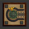 Landscape With Wooden Base Black Circular Track Green Glowing Tower Four Cubes Yellow Flying Vehicle