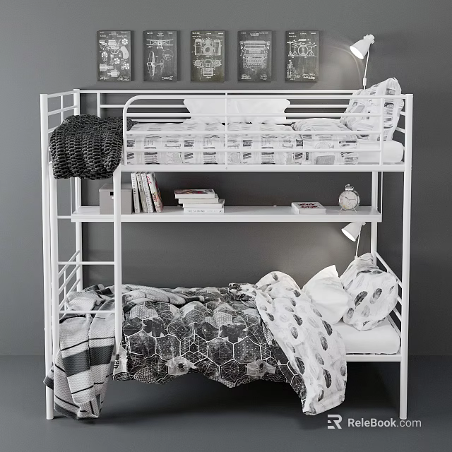 Modern Metal Bunk Bed With Storage Shelf And Soft Pattern Bedding For Bedroom 3d model