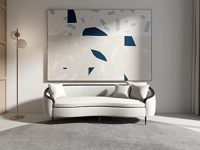 Modern White Multi-seat Sofa With Cushions Large Abstract Painting Floor Lamp And Gray Area Rug 3d model