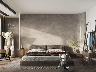 Modern Bedroom Interior Design With Gray Wall Bed Bedding Doll Plant And Sunlight 3d model