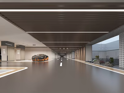 Modern Parking Garage With Spacious Interior Orange Sports Car Bright Lighting And Clean Floor 3d model
