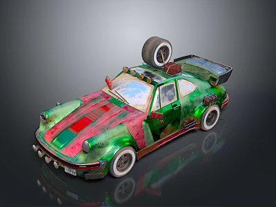 Vintage Modified Car With Red Green Striped Body Spare Tire On Roof And White Rims 3d model