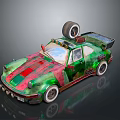 Vintage Modified Car With Red Green Striped Body Spare Tire On Roof And White Rims