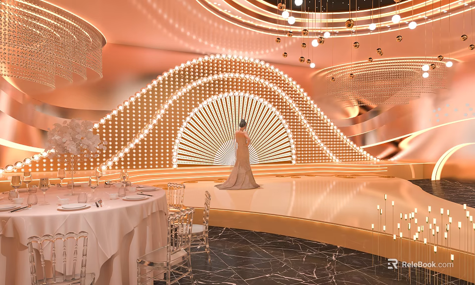 Luxury Champagne Gold Wedding Banquet Hall With Romantic Decorative Lights And Elegant Dining Arrangement 3d model 