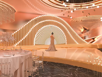 Luxury Champagne Gold Wedding Banquet Hall With Romantic Decorative Lights And Elegant Dining Arrangement 3d model