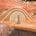 Luxury Champagne Gold Wedding Banquet Hall With Romantic Decorative Lights And Elegant Dining Arrangement