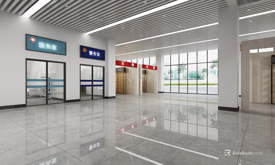 Modern Spacious Reception Area With Service Room Cashier Room Elevators And Large Windows 3d model 