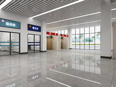 Modern Spacious Reception Area With Service Room Cashier Room Elevators And Large Windows 3d model
