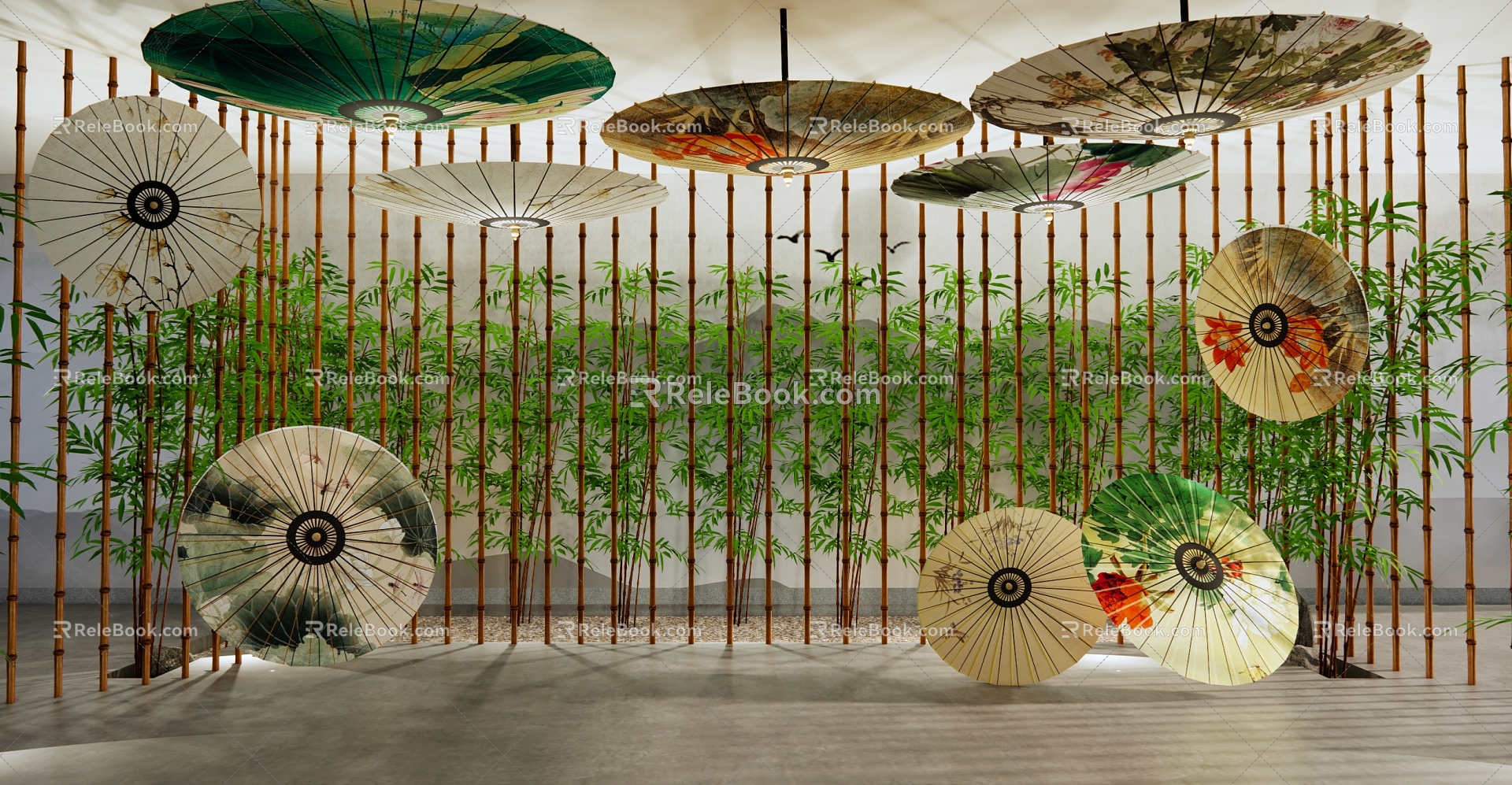 New Chinese Style Exhibition Hall Oil Paper Umbrella Culture Exhibition Hall Bamboo Grille Oil Paper Umbrella Pendant Bamboo Culture 3d model