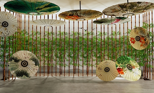 New Chinese Style Exhibition Hall Oil Paper Umbrella Culture Exhibition Hall Bamboo Grille Oil Paper Umbrella Pendant Bamboo Culture 3d model