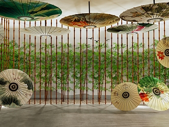 New Chinese Style Exhibition Hall Oil Paper Umbrella Culture Exhibition Hall Bamboo Grille Oil Paper Umbrella Pendant Bamboo Culture 3d model