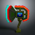 Colorful Interactive Device Featuring Green Body Red Blue Glowing Panels And Central PRESS