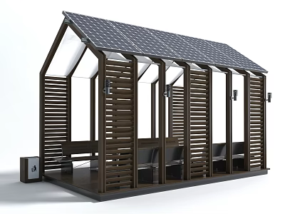 Outdoor Wooden Canopy With Louvered Design Solar Panel Roof And Bench Seating 3d model