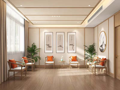 Hospital Outpatient Waiting Room With Wooden Flooring Beige Walls Green Plants And Orange Cushion Chairs 3d model