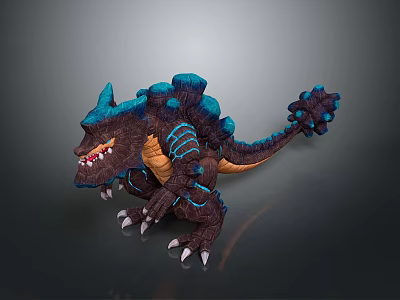 Fierce Game Movie Character Brown Blue Monster With Spiky Back Sharp Teeth Claws 3d model