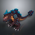 Fierce Game Movie Character Brown Blue Monster With Spiky Back Sharp Teeth Claws
