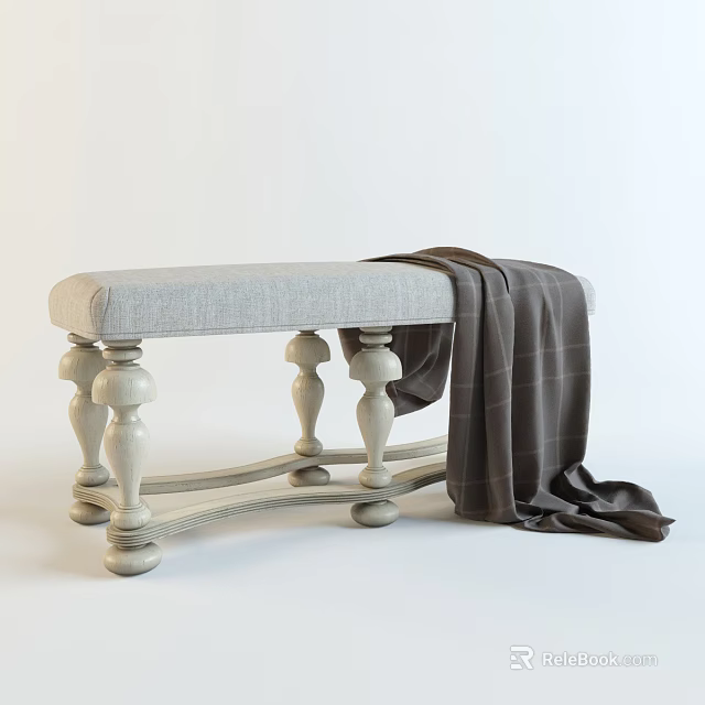 Stylish Sofa Bench With Light Gray Cushion Wooden Carved Legs And Dark Brown Plaid Blanket 3d model 