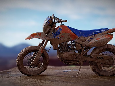 Muddy Blue And Orange Motorcycle With Mountain Background And Sky 3d model