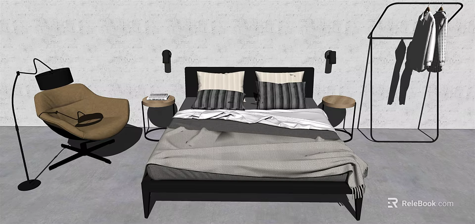 Modern Minimalist Double Bed With Black Frame Wall Sconces Nightstands And Brown Chair 3d model 
