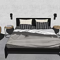 Modern Minimalist Double Bed With Black Frame Wall Sconces Nightstands And Brown Chair