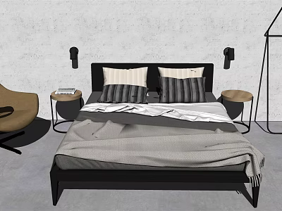 Modern Minimalist Double Bed With Black Frame Wall Sconces Nightstands And Brown Chair 3d model