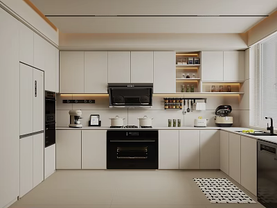 Modern Kitchen Interior Design With White Cabinets Black Appliances And Countertop 3d model