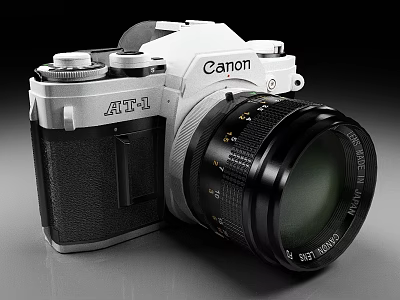 Professional Commercial Equipment Canon AT-1 SLR Camera With White And Black Body And Large Lens 3d model
