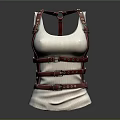 White Ribbed Vest Featuring Brown Leather Straps And Buckle Design Details