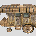 Vintage Wooden Carriage Featuring Decorative Roof Beams Spoked Wheels And Ornate Panels