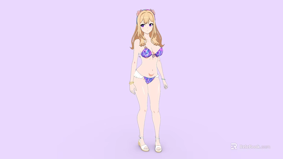 Blonde Woman In Purple Bikini With Hair Accessory On Light Purple Background 3d model 