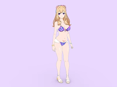 Blonde Woman In Purple Bikini With Hair Accessory On Light Purple Background 3d model