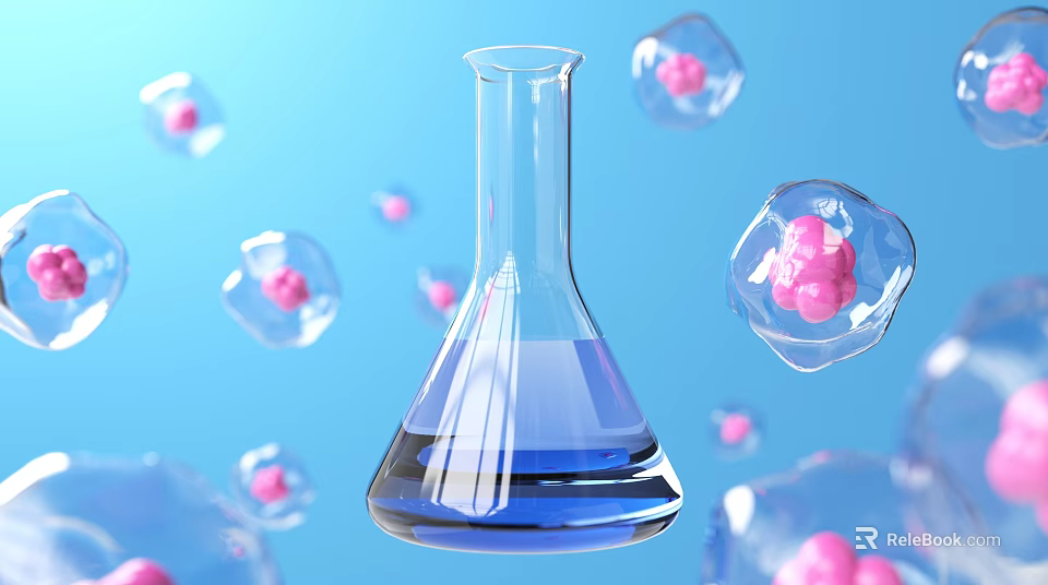 Conical Flask With Blue Liquid And Transparent Containers Holding Pink Particles 3d model 