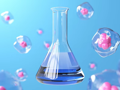 Conical Flask With Blue Liquid And Transparent Containers Holding Pink Particles 3d model