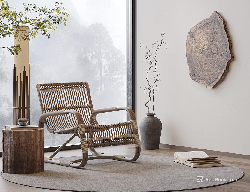 Rattan Leisure Rocking Chair In Room With Wooden Table Vase And Natural Scenery Through Window 3d model 