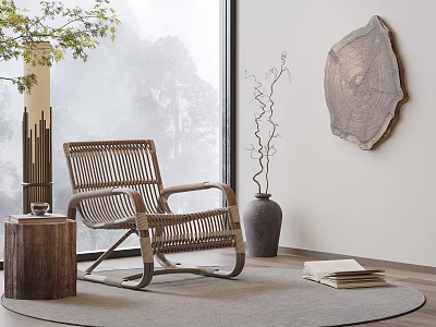 Rattan Leisure Rocking Chair In Room With Wooden Table Vase And Natural Scenery Through Window 3d model