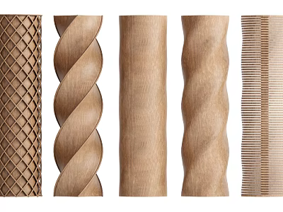 Various Wooden Columns With Spiral Grid Straight And Textured Design Styles 3d model