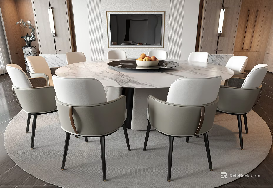Modern Round Marble Top Dining Table Set with Beige Upholstered Chairs on Gray Area Rug 3d model 
