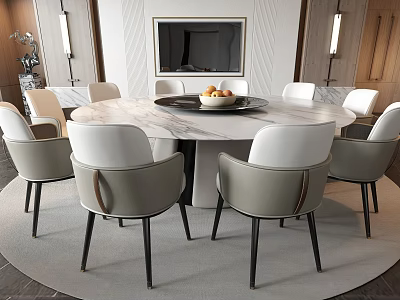 Modern Round Marble Top Dining Table Set with Beige Upholstered Chairs on Gray Area Rug 3d model
